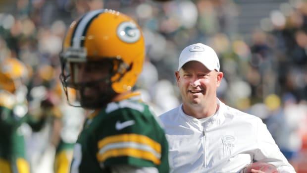 Green Bay Packers OC Nathaniel Hackett with QB Aaron Rodgers